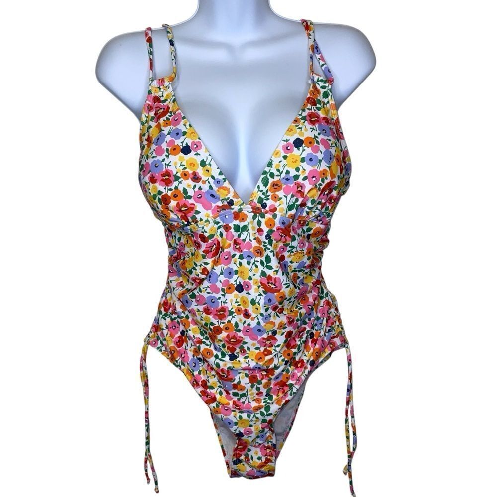 Floral V-Neck One-Piece Swimsuit - White Multi